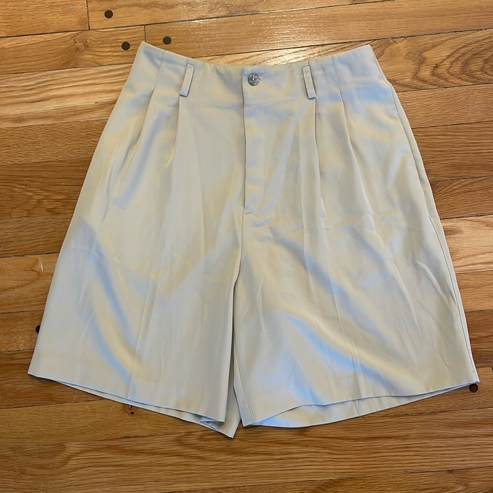 Vtg 90s Haley Women 10 High Waist Rise Pleats Tan Long Length Shorts Made in USA